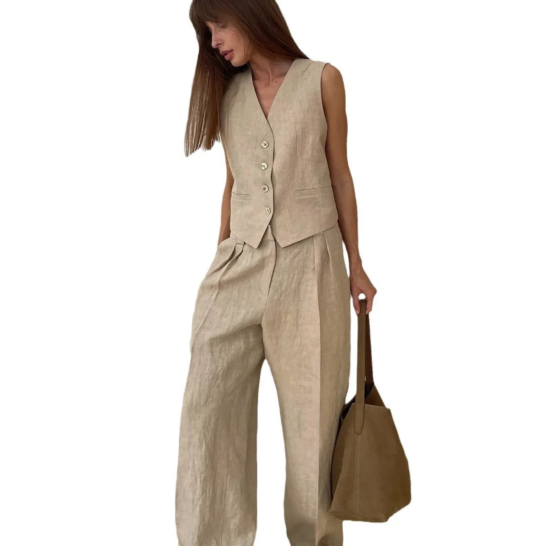 2025 New Women Linen Cotton Chic Vest ＆ Pants Suit Two-Piece Set Office Ladies Summer Chic 2 Piece Sets Women's Outfits