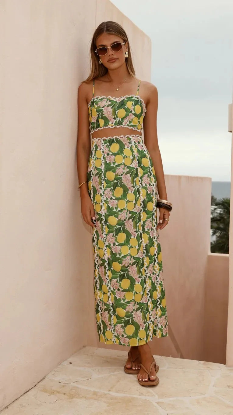 2025 Summer Beach Vacation Women's Linen Dress Set Fashionable Printed Sexy Halter Top Personalized Lace Slit Skirt Leisure Set