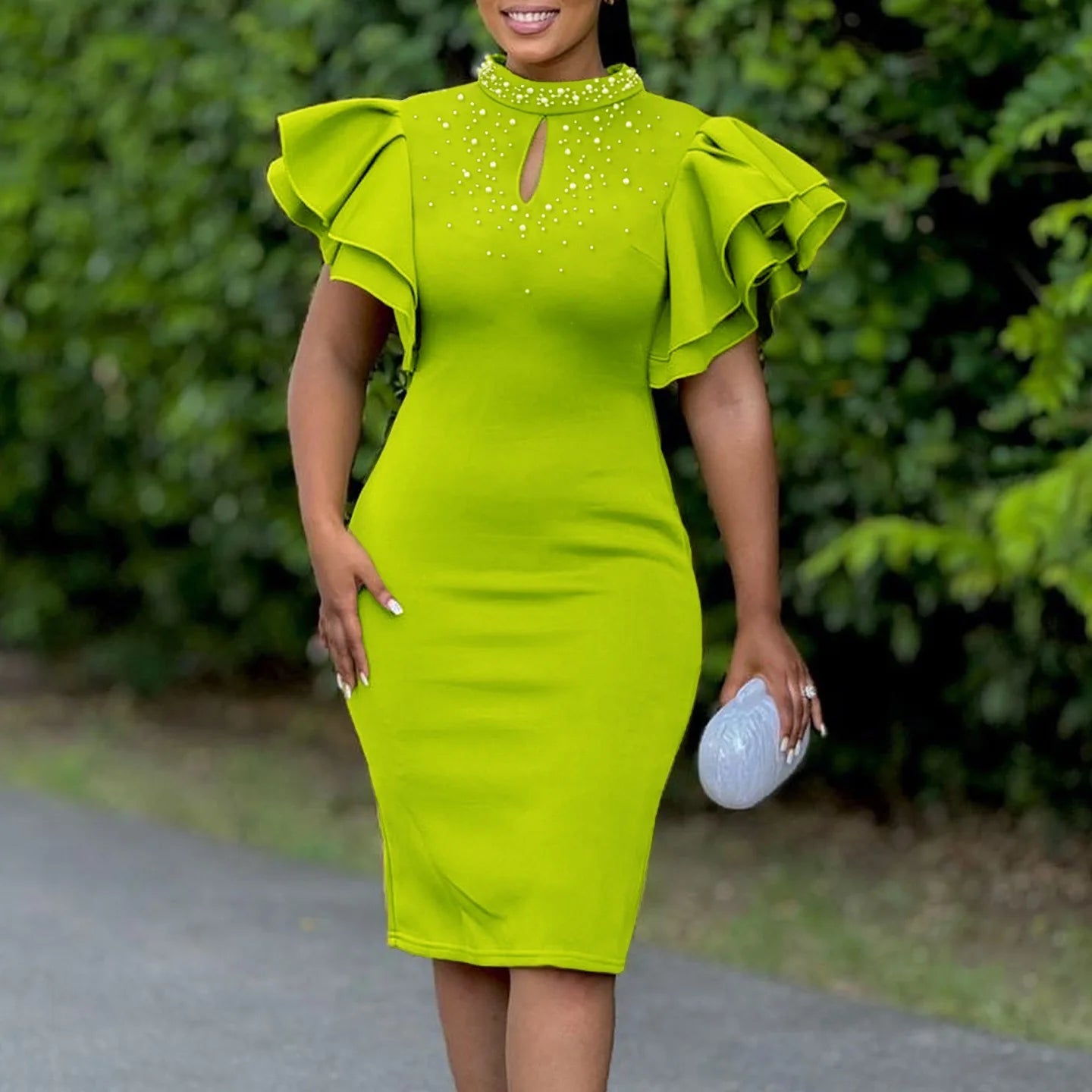 Abito Elegante Donna – Bodycon Midi Maniche a Volant con Perline Luxury