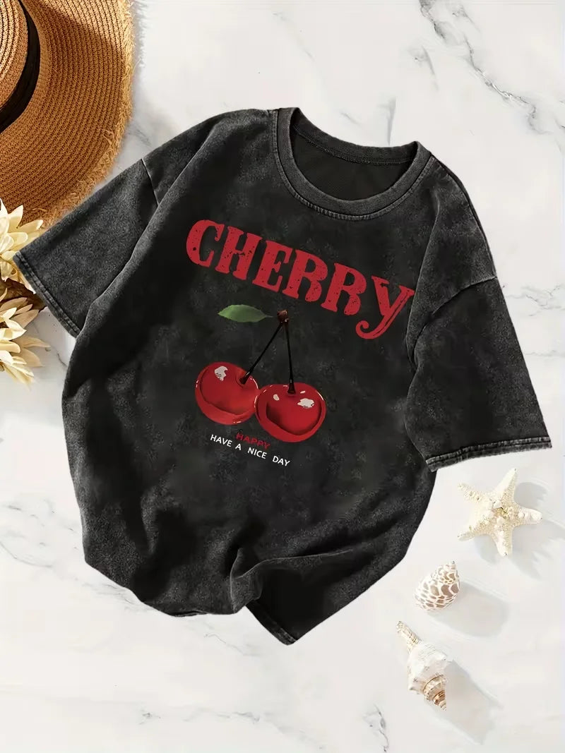 Red Cherry Printed T-shirt Ladies' Daily Casual Round Neck T-shirt Washed T-shirt Unisex Summer Streetwear