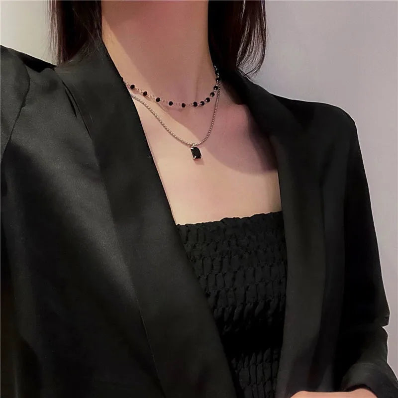 Choker Necklace for Women Double Layer Beads Necklace Gift for Friend Silver Color Geometric Necklace  Wholesale Collar Jewelry
