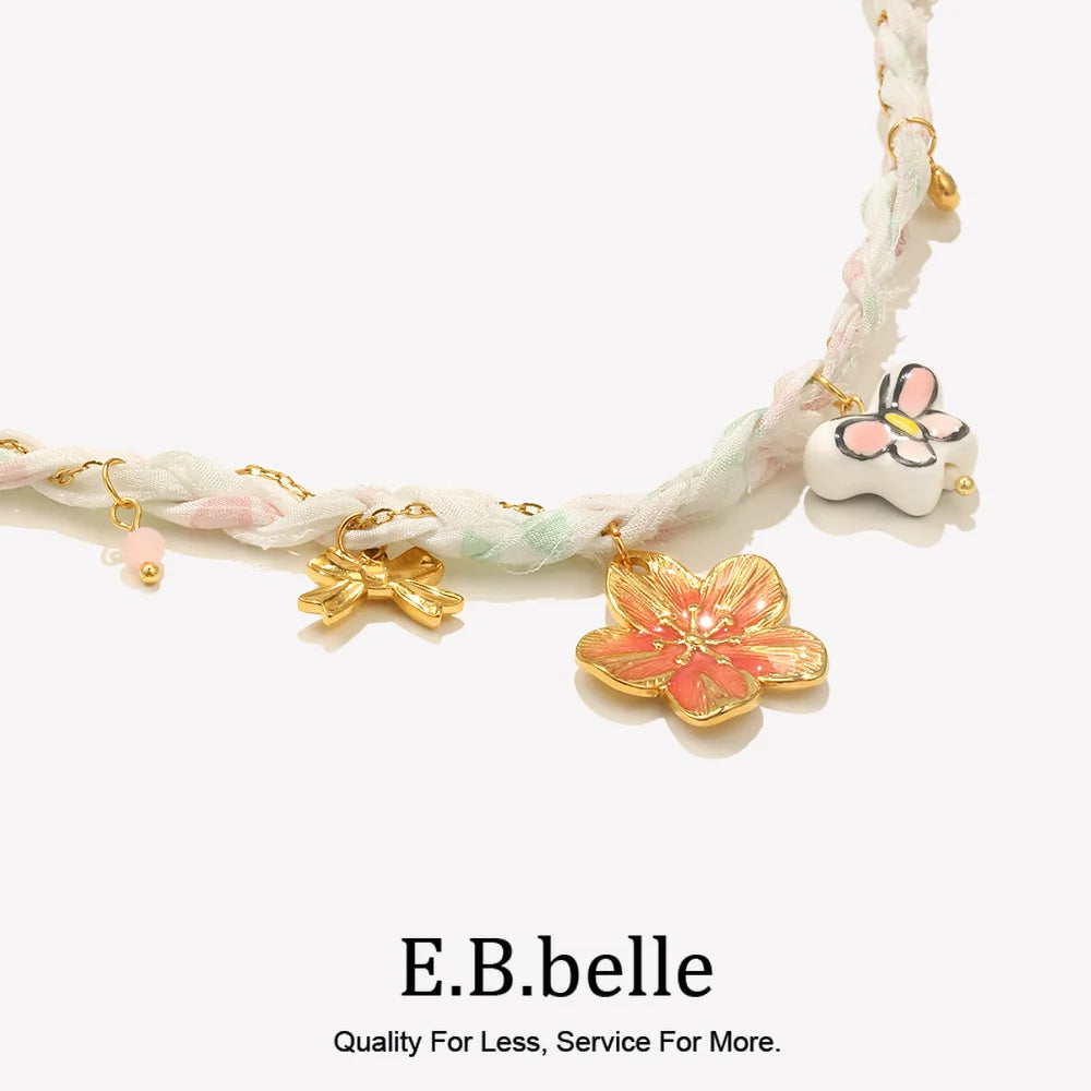 E.B.belle Cute Cartoon Butterfly Flower Pendant Necklace 18K Gold Plated Stainless Steel Women Holiday Neck Jewerly