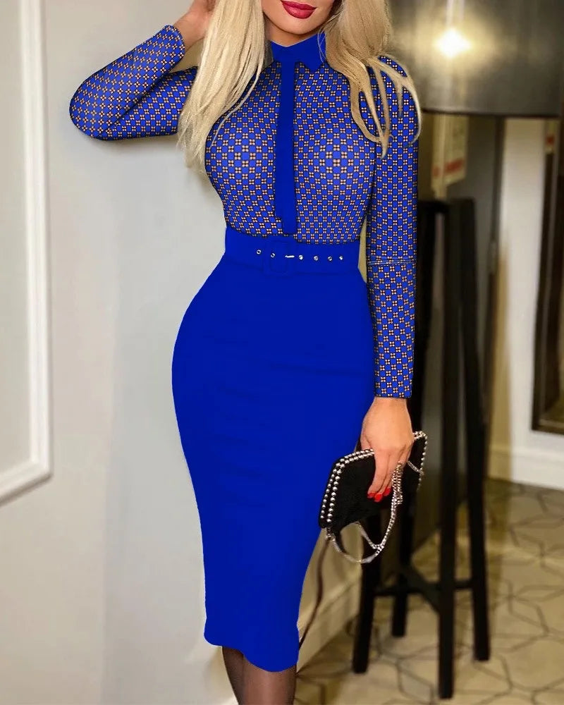 Abito Bodycon Donna – Stampa a Pois Manica Lunga Vita Alta con Cintura Elegante