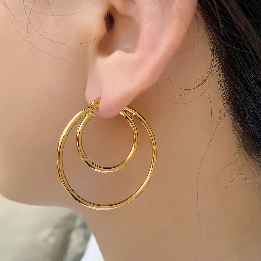 Oversize Statement Gold Plated Hoop Earring Simple Double Circle Stainless Steel Earrings for Women Men Punk Hiphop Jewelry Gift