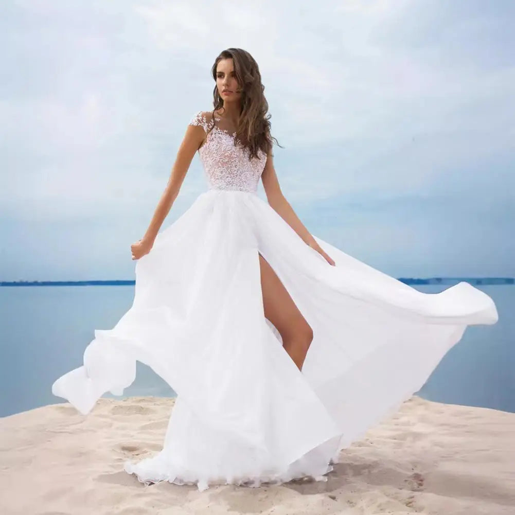Abito da Sera in Chiffon con Pizzo e Scollo a V – Linea A, Spacco, Boho Beach