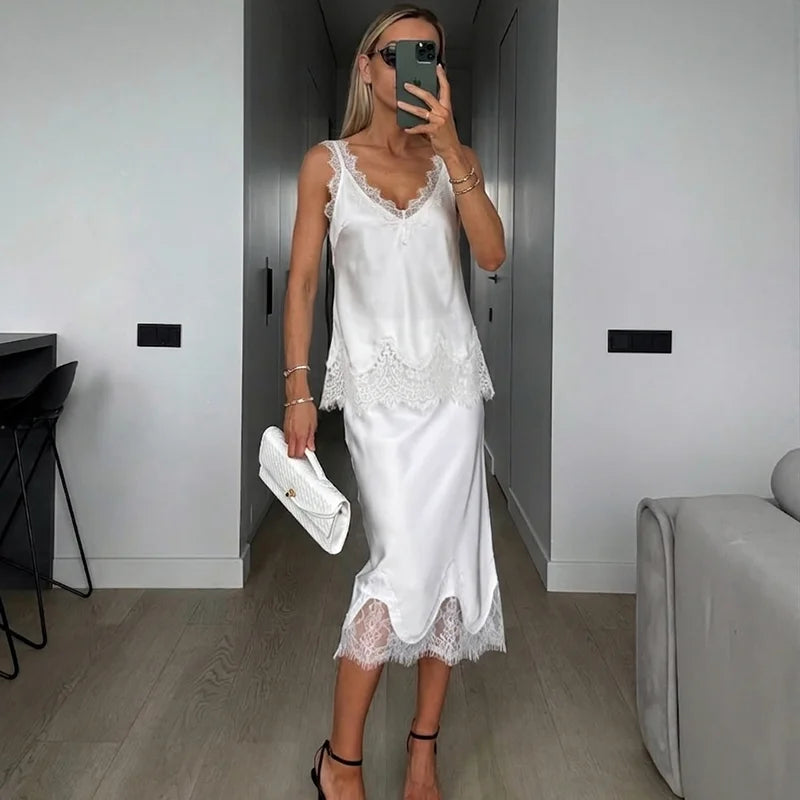 Completo Due Pezzi in Pizzo Donna – Top Cami e Gonna Midi Slip