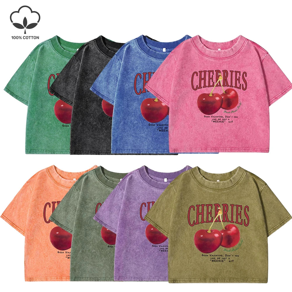 Red Cherries Letter Printed Female T-shirt Fashion Summer Washed Clothing Casual Cotton Crop Top Retro Tee Shirts For Women