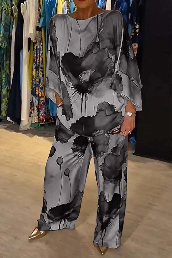 Completo Due Pezzi in Raso Donna – Maglia Stampata Maniche 3/4 e Pantaloni