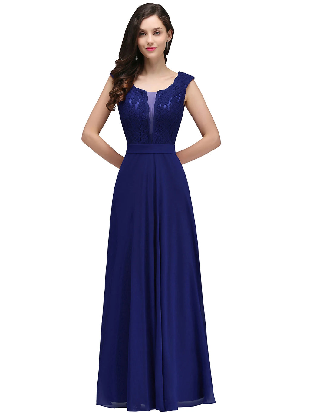 Abito da Sera Lungo Linea A in Pizzo e Chiffon – Collo Tondo, Senza Maniche, Formale