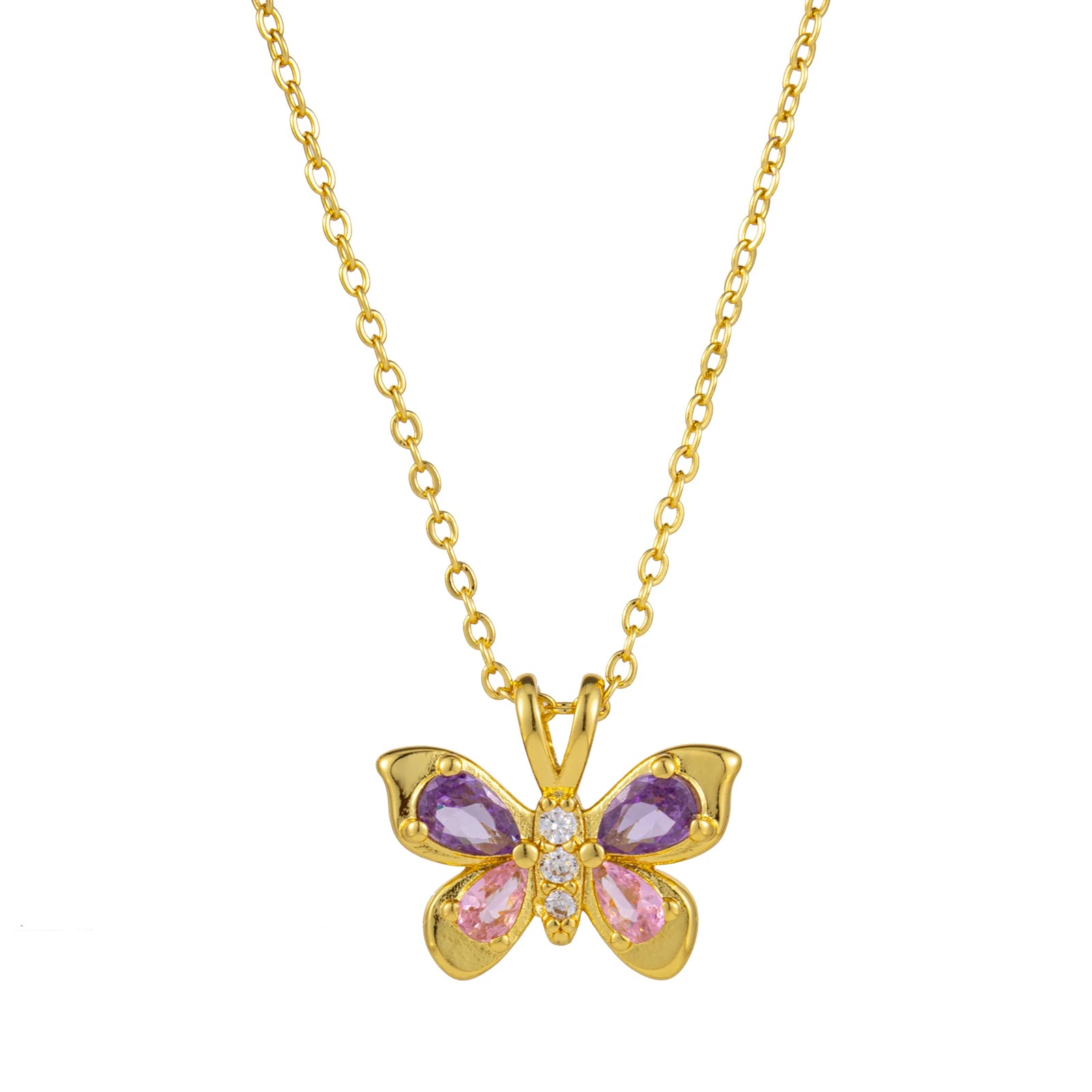 1 Piece Butterfly Pendant Necklace 18K Real Gold Plated Brass & Cubic Zirconia Link Cable Chain Necklaces For Women Choker Gift