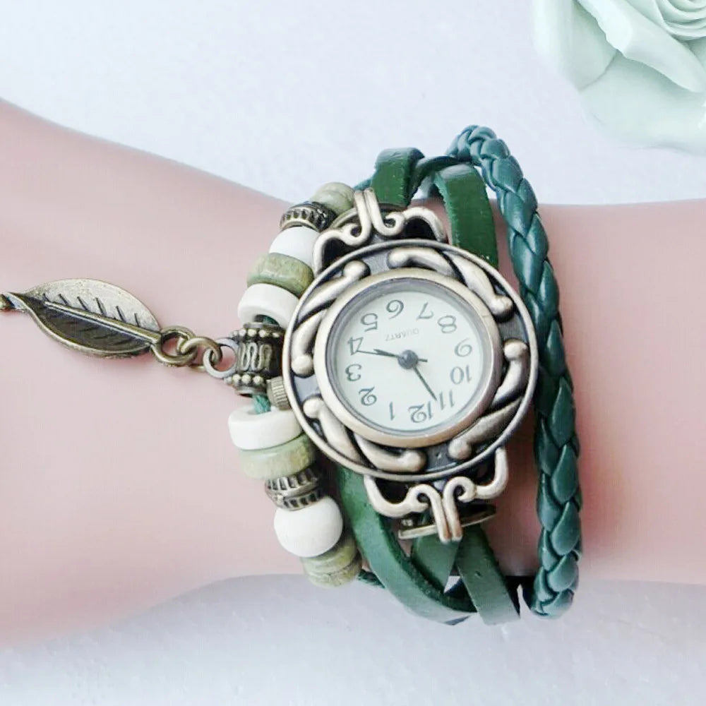 Women'S Elegant Vintage Leather Wrapped Bracelet Watch Leaf Pendant Bracelet Watch Women'S Fashion Watch Reloj De Mujer