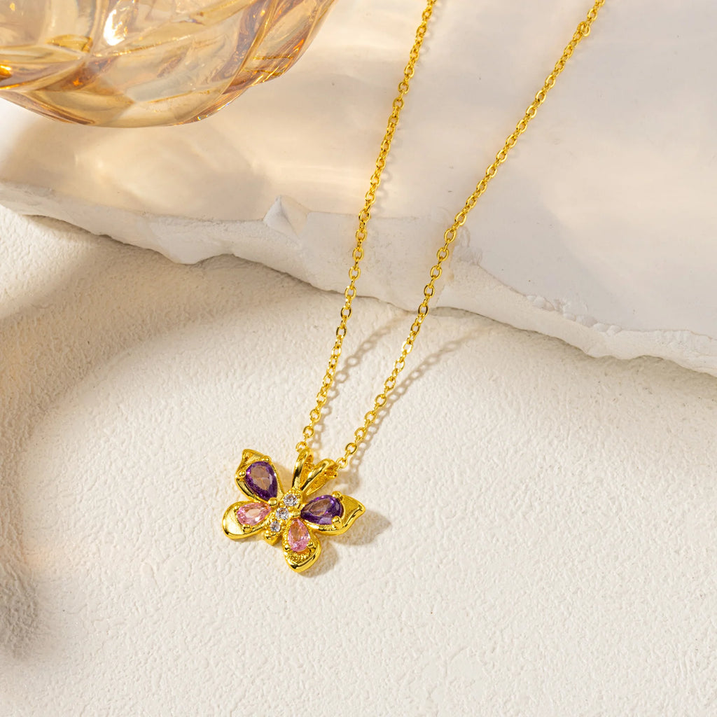 1 Piece Butterfly Pendant Necklace 18K Real Gold Plated Brass & Cubic Zirconia Link Cable Chain Necklaces For Women Choker Gift