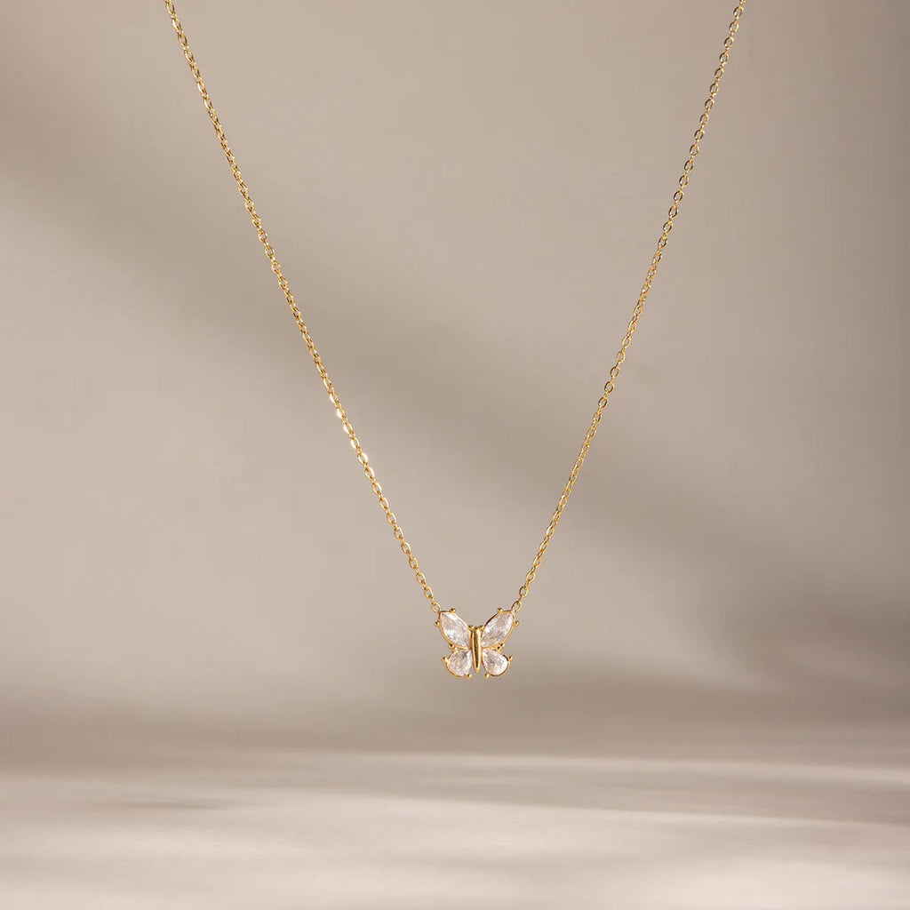 Ars 18k Gold Plated Butterfly Pendant Necklace with Zircon Stainless Steel Thin Chain Necklaces Women's Dainty Choker Necklaces