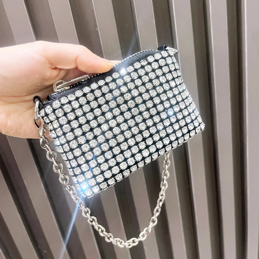 Mini Small Bag Shiny Rhinestone Coin Purse Short Chain Coin Bag Handle Small Card Bag Handle Woman's  purse Design handmade