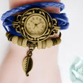 Women'S Elegant Vintage Leather Wrapped Bracelet Watch Leaf Pendant Bracelet Watch Women'S Fashion Watch Reloj De Mujer