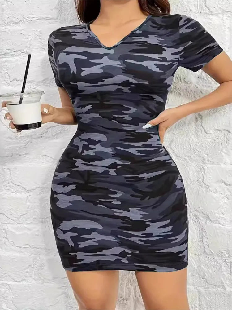 Women's Bodycon Dress Summer Fashion Sexy New Casual Camouflage Short-sleeve V-neck Slim Mini Dresses For Women Vintage Vestidos
