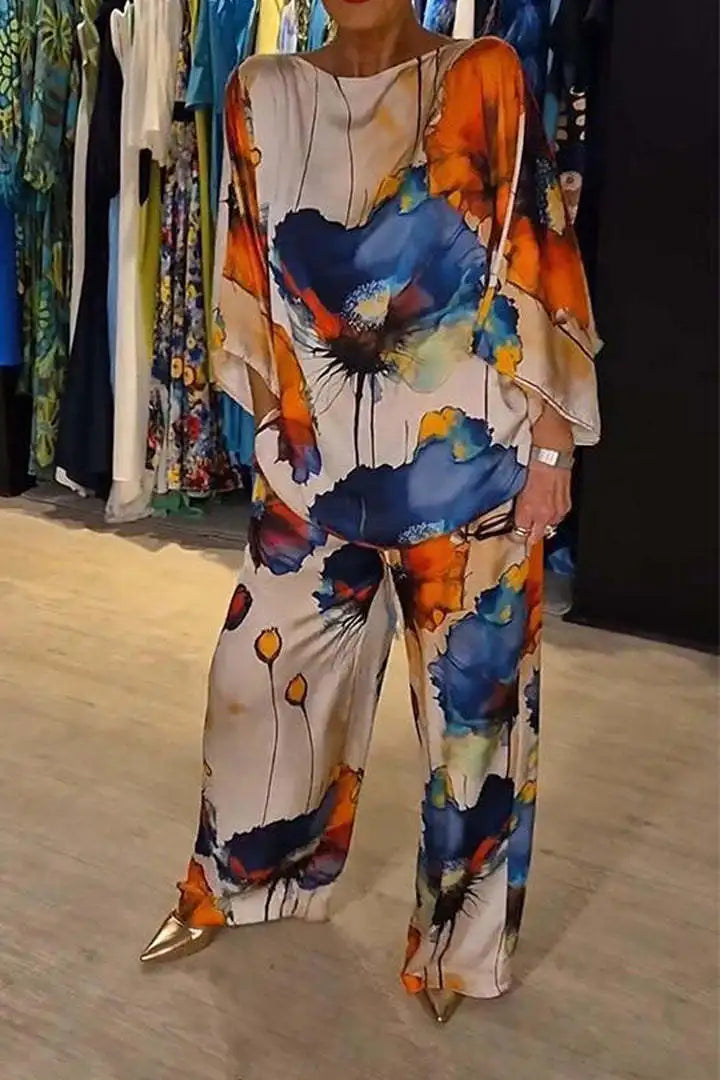 Completo Due Pezzi in Raso Donna – Maglia Stampata Maniche 3/4 e Pantaloni