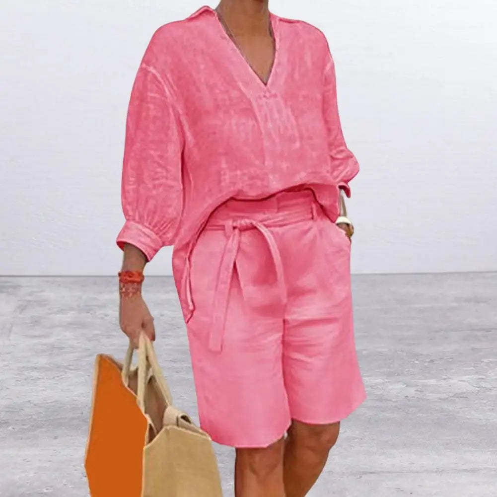 Cotton Linen Women's Two Piece Set Casual V-Neck Half Sleeve Lapel Shirt And Belted Wide Leg Shorts Summer Lounge Set 80%