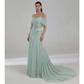 Sage Green A Line Evening Dresses Off Shoulder Lace Soft Chiffon Prom Gowns Floor Length Customized Special Occasion Gowns