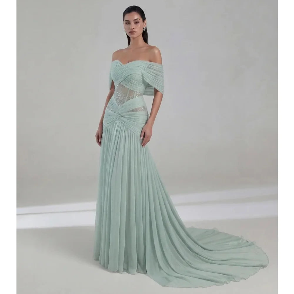 Sage Green A Line Evening Dresses Off Shoulder Lace Soft Chiffon Prom Gowns Floor Length Customized Special Occasion Gowns