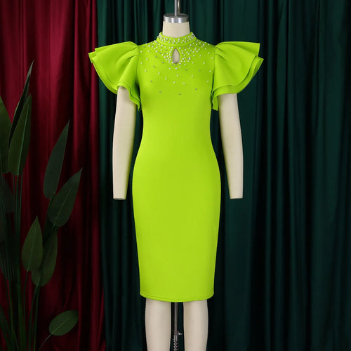 Abito Elegante Donna – Bodycon Midi Maniche a Volant con Perline Luxury