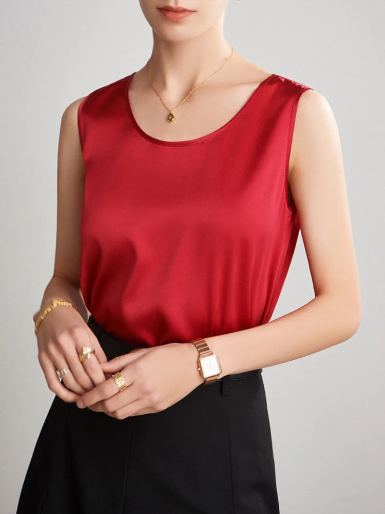 Summer Satin Mulberry Silk Sleeveless Tank Top Champagne Casual Versatile Elegant Vest Loose Fit Women's Fashion 2026