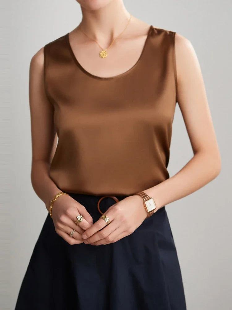 Summer Satin Mulberry Silk Sleeveless Tank Top Champagne Casual Versatile Elegant Vest Loose Fit Women's Fashion 2026