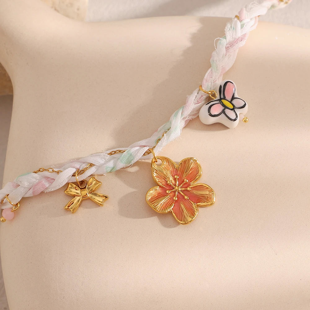 E.B.belle Cute Cartoon Butterfly Flower Pendant Necklace 18K Gold Plated Stainless Steel Women Holiday Neck Jewerly