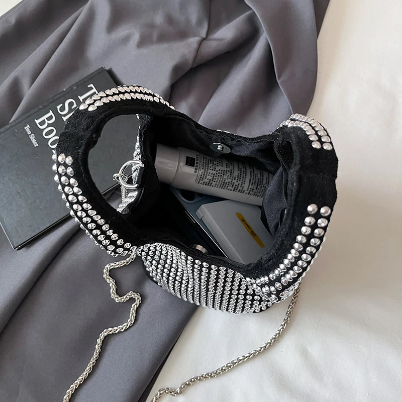 Rhinestones Evening Clutch Bag Silver Shiny Crystal Dinner Party Wedding Purse and Handbag Luxury Designer Bucket Crossbody Bag