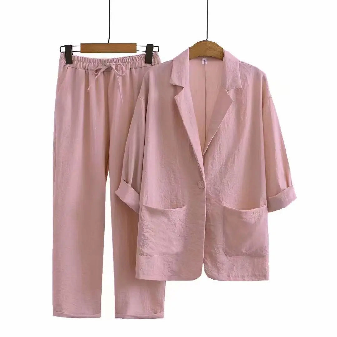 Completo Due Pezzi in Lino Donna – Kimono Blusa e Pantaloni Casual Estivo