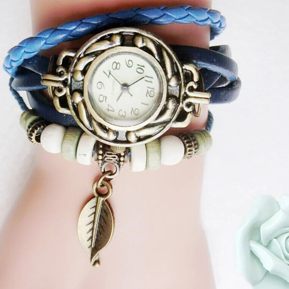 Women'S Elegant Vintage Leather Wrapped Bracelet Watch Leaf Pendant Bracelet Watch Women'S Fashion Watch Reloj De Mujer