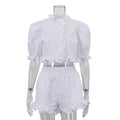 Women's Summer Linen 2 Piece Outfit Ruffle Puff Sleeve Crop Top + High Waist Elastic Waist Ruffle Shorts Set for Casual Vacation