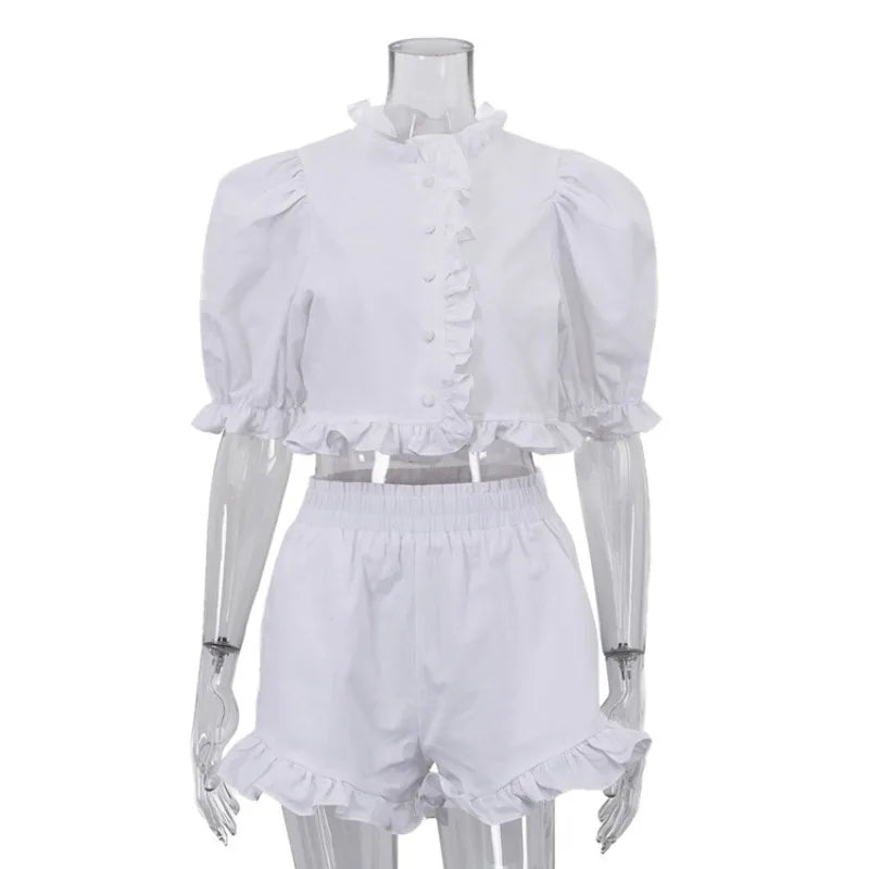 Women's Summer Linen 2 Piece Outfit Ruffle Puff Sleeve Crop Top + High Waist Elastic Waist Ruffle Shorts Set for Casual Vacation