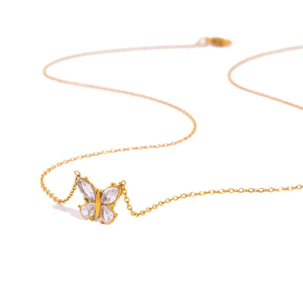 Ars 18k Gold Plated Butterfly Pendant Necklace with Zircon Stainless Steel Thin Chain Necklaces Women's Dainty Choker Necklaces