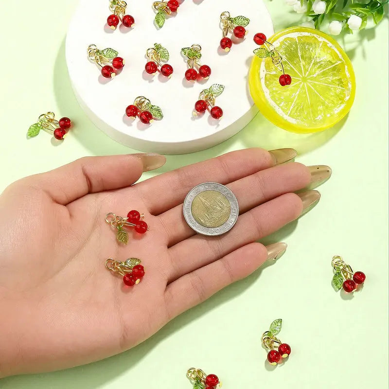 10pcs Red Cherry Charms Cute Glass Red Fruit Pendants with Loop DIY Jewelry Making Accessories for Bracelet Necklace Earrings