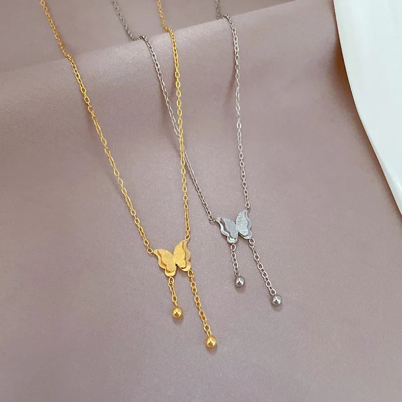 Charm Classic Butterfly Tassel Pendant Necklace for Women Personality Fashion Gold Color Stainless Steel Bride Chokers Jewelry