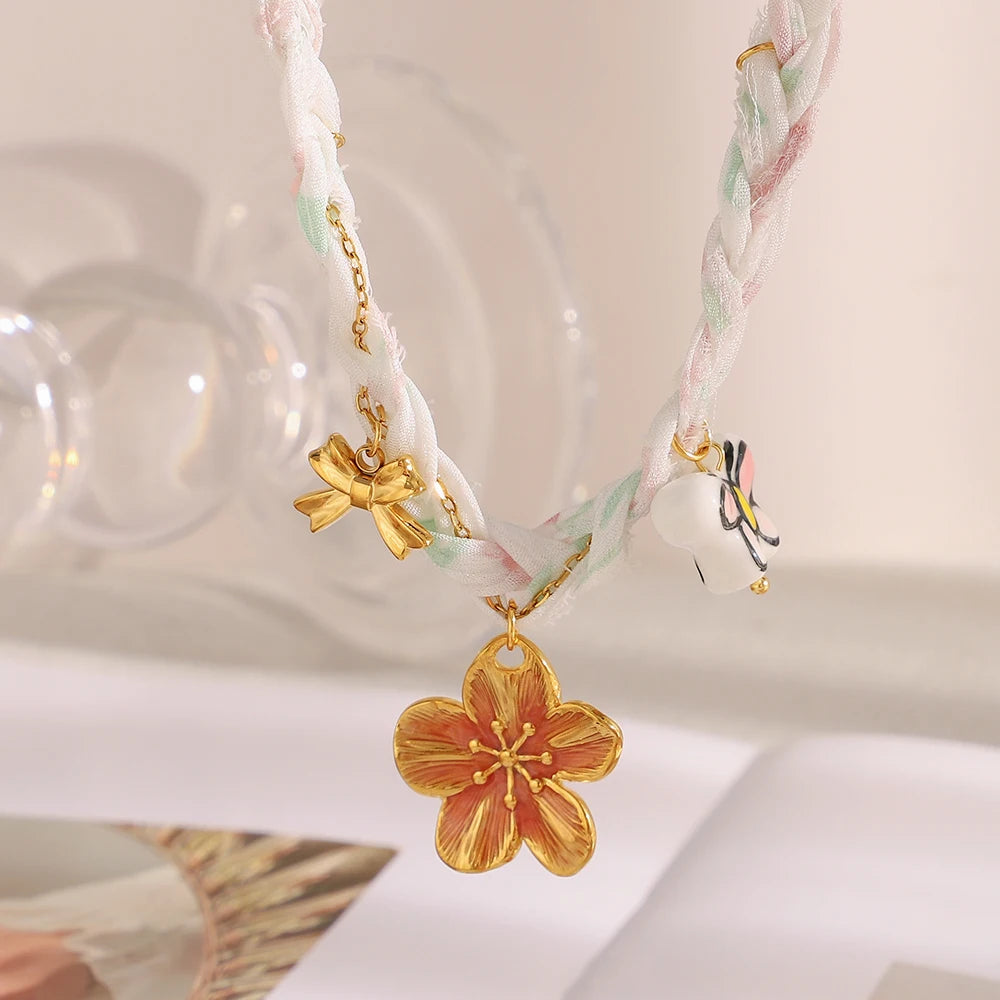 E.B.belle Cute Cartoon Butterfly Flower Pendant Necklace 18K Gold Plated Stainless Steel Women Holiday Neck Jewerly