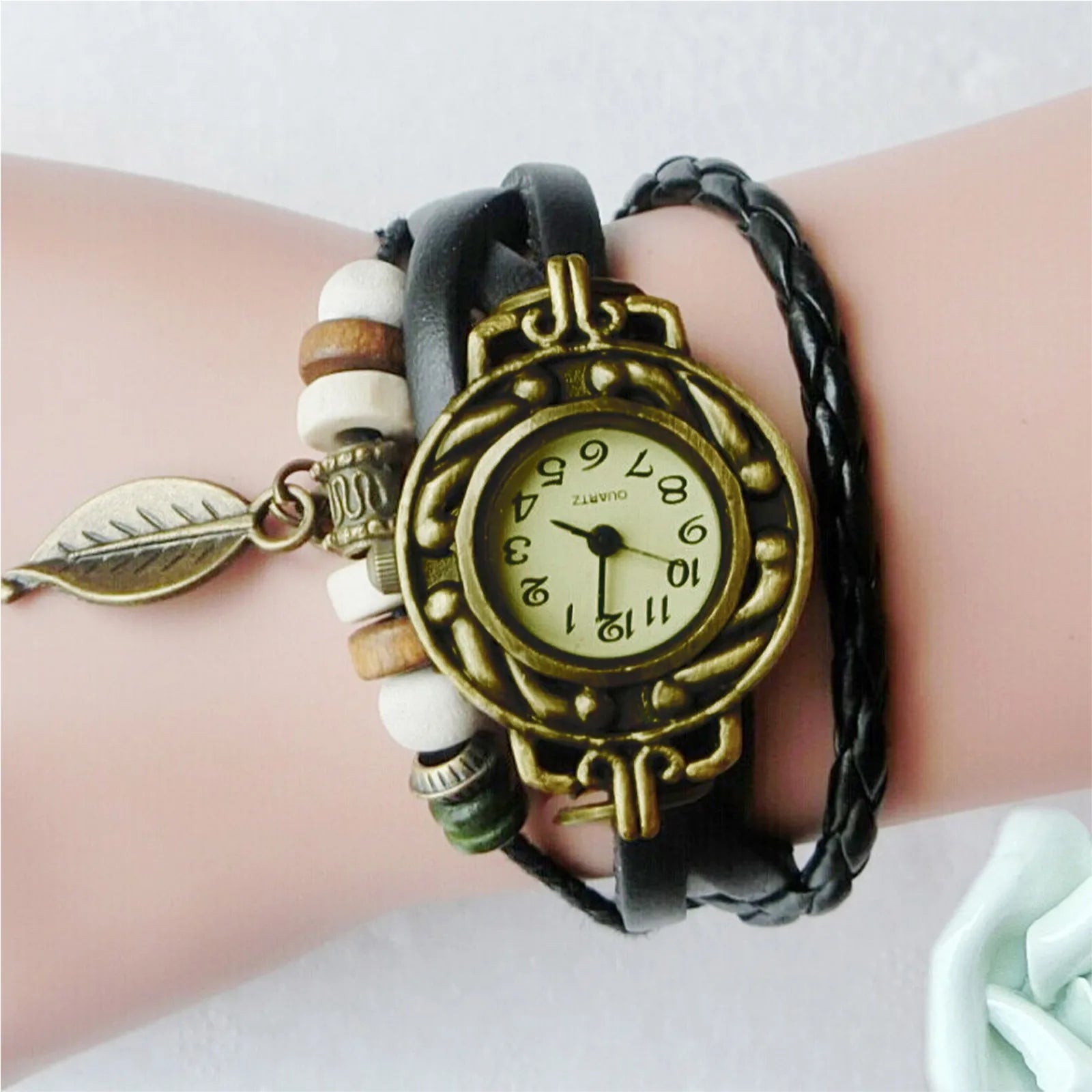Orologio Bracciale Donna Vintage | Pelle Avvolta Ciondolo Foglia | 6 Colori | uGlam