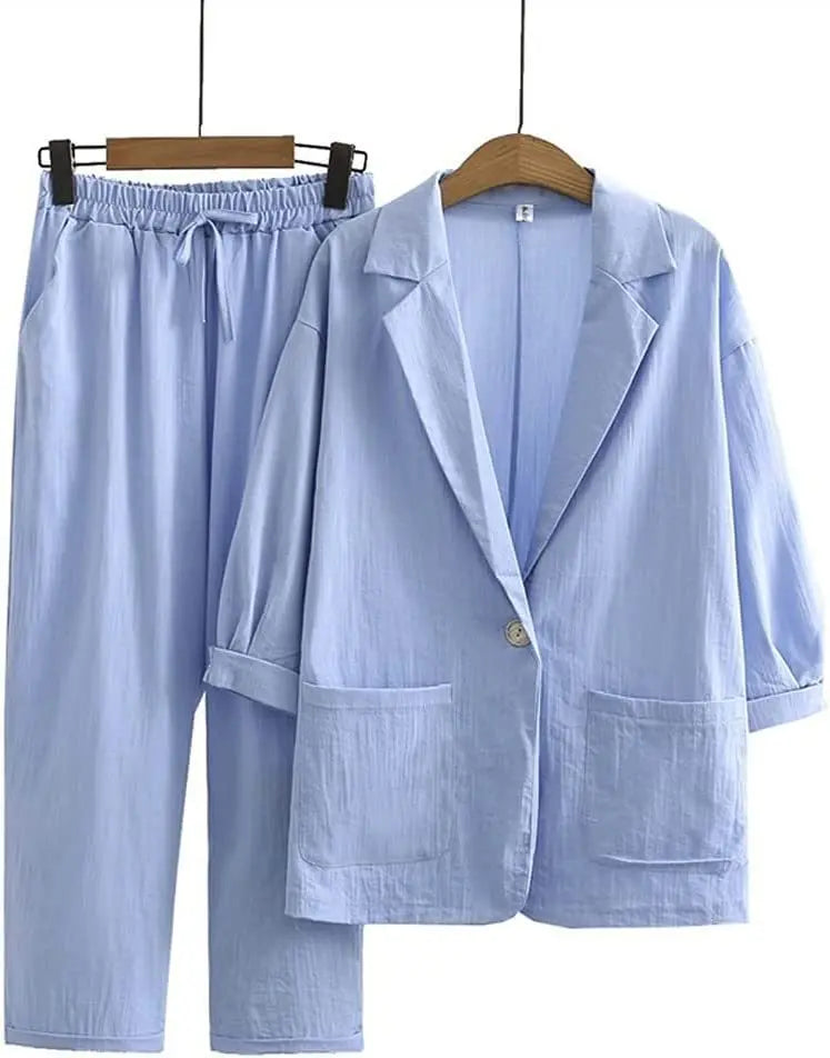 2025 Summer Women Linen Kimono Blouse Pants Sets Commuter Suit Cotton Linen Loose Jacket Pants 2-piece Set Blouses