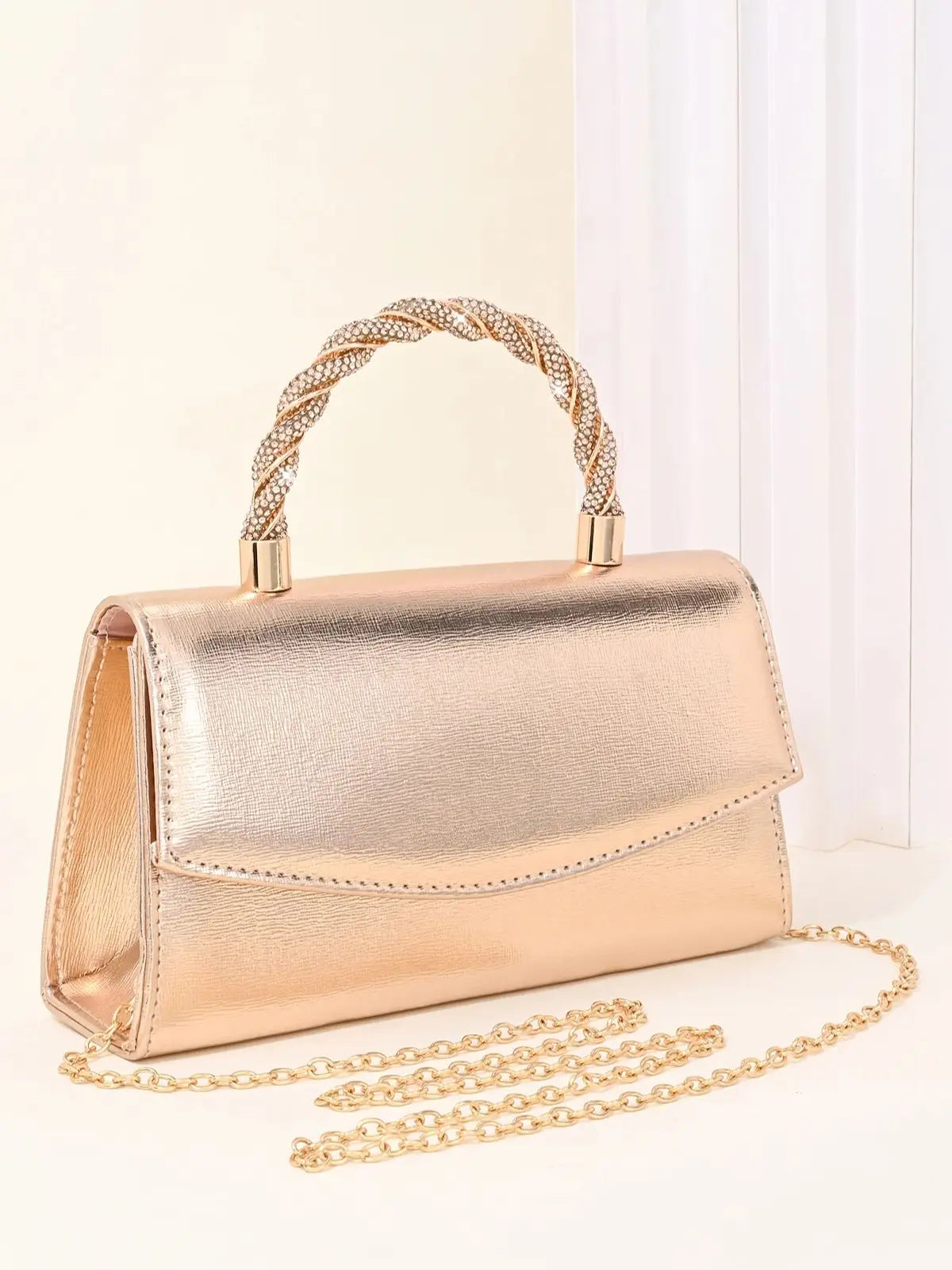 Women's Rose gold Metallic PU  Mini Square Satchel Evening Bag,Crystle Handle Elegant Dinner Chain Bag For Women,Elegant