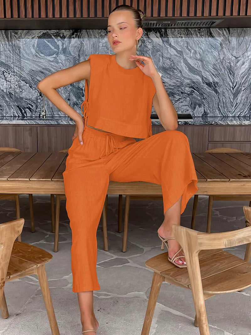 Completo Due Pezzi in Lino Donna – Crop Top e Pantaloni Vita Alta Vacanza