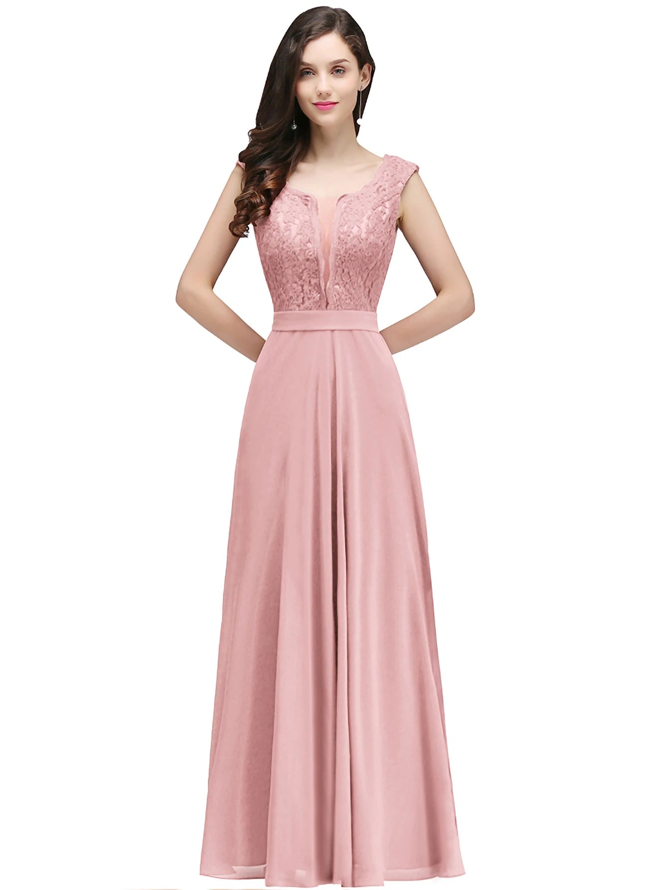 Abito da Sera Lungo Linea A in Pizzo e Chiffon – Collo Tondo, Senza Maniche, Formale