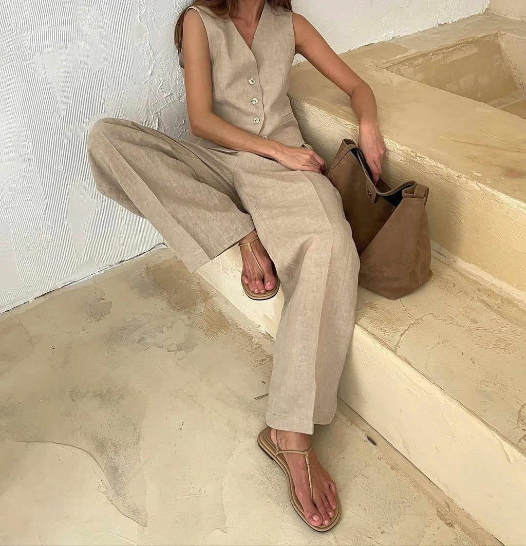 Completo Due Pezzi Donna – Gilet Senza Maniche e Pantaloni in Lino Elegante