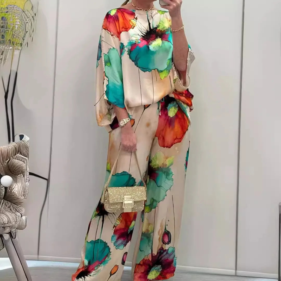 Completo Due Pezzi in Raso Donna – Maglia Stampata Maniche 3/4 e Pantaloni