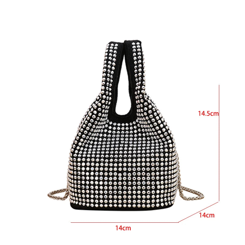 Rhinestones Evening Clutch Bag Silver Shiny Crystal Dinner Party Wedding Purse and Handbag Luxury Designer Bucket Crossbody Bag