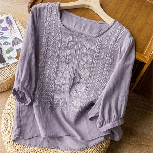 Blusa in Lino Donna – Ricamata Collo Tondo Maniche Corte Casual Estiva