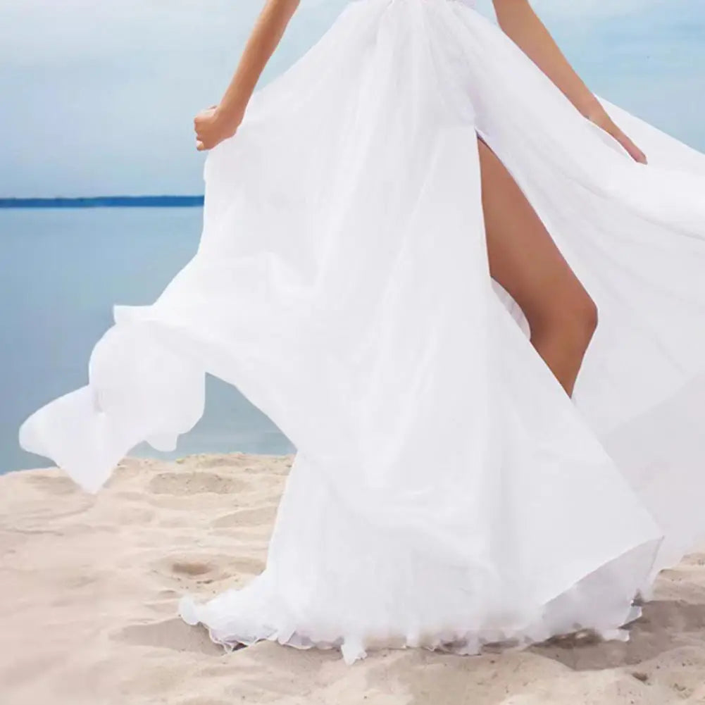 Abito da Sera in Chiffon con Pizzo e Scollo a V – Linea A, Spacco, Boho Beach