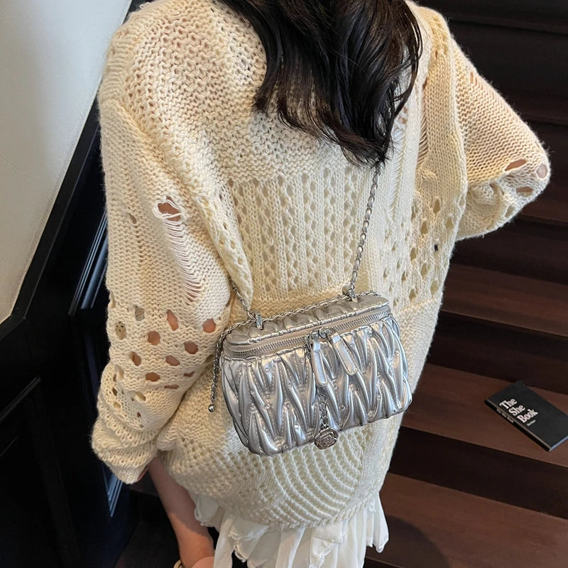 Silver bolsa feminina Fashion Quilted Shoulder Bag Trend Mini Small Box Lipstick Pouch Zipper Purse Chain Crossbody Handbag