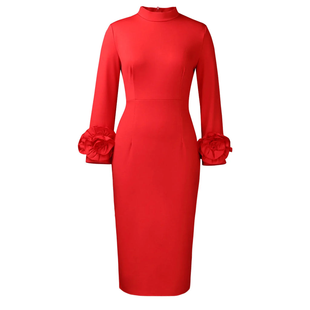 Elegant Bodycon Dresses for Women 2026 New O Neck Full Sleeve Solid Sheath Package Hips Mid Calf Professional Business Work Robe
