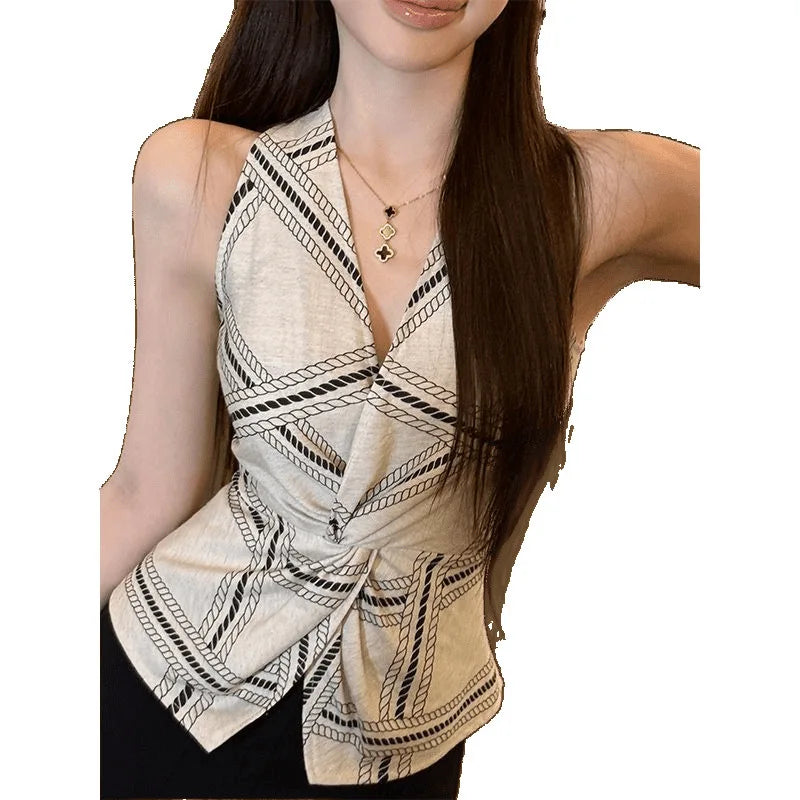 Linen Blazer for Women in Summer, with Elegant and Sophisticated Style, with A Twisted V-neck, Worn Over A Sleeveless Top.